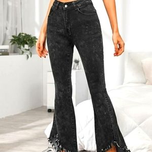 Raw Hem Black Flare Leg Jeans High-Waist Size XL